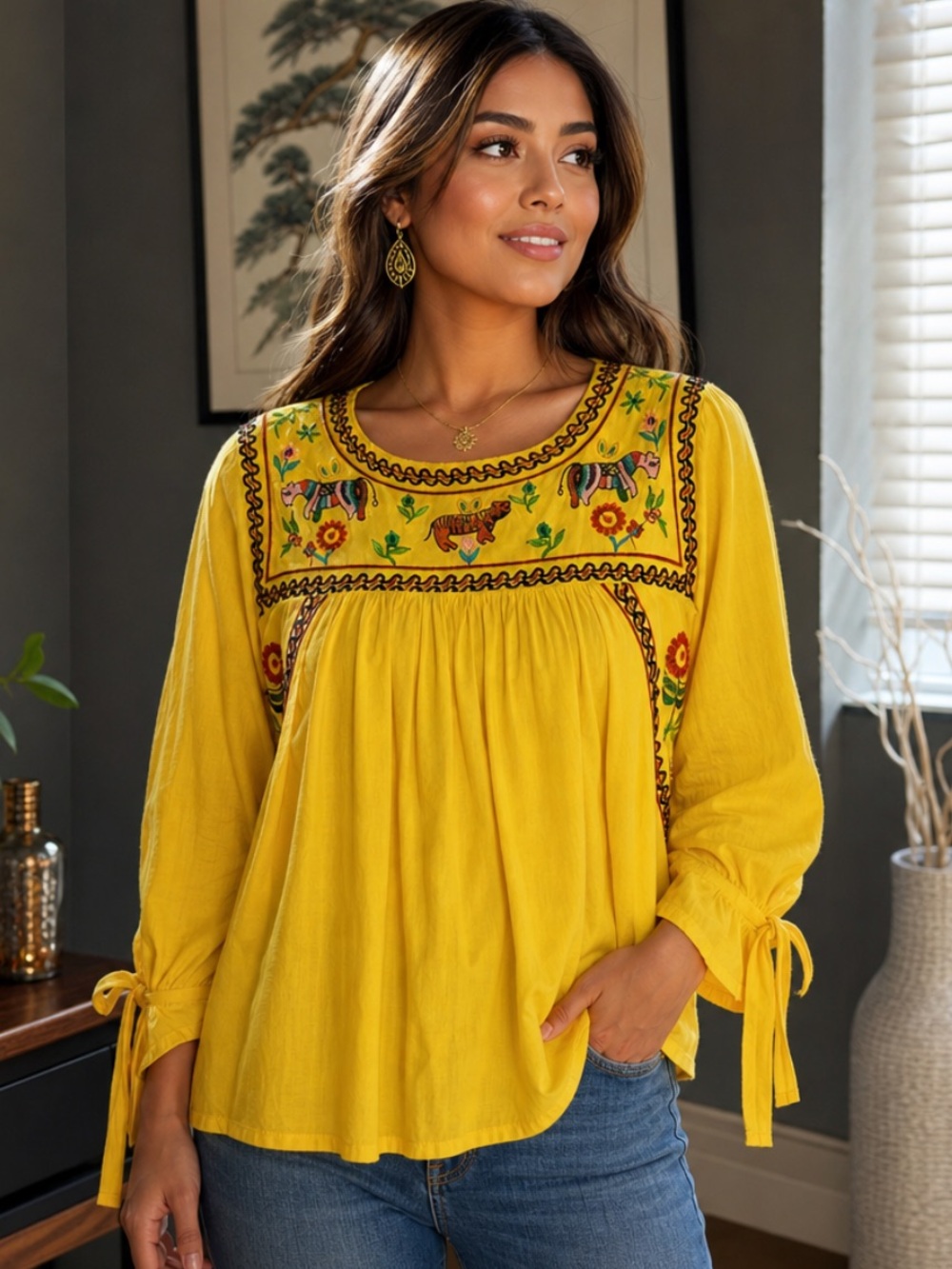 Yellow Embroidered Peasant Blouse - Women Tops. Size M